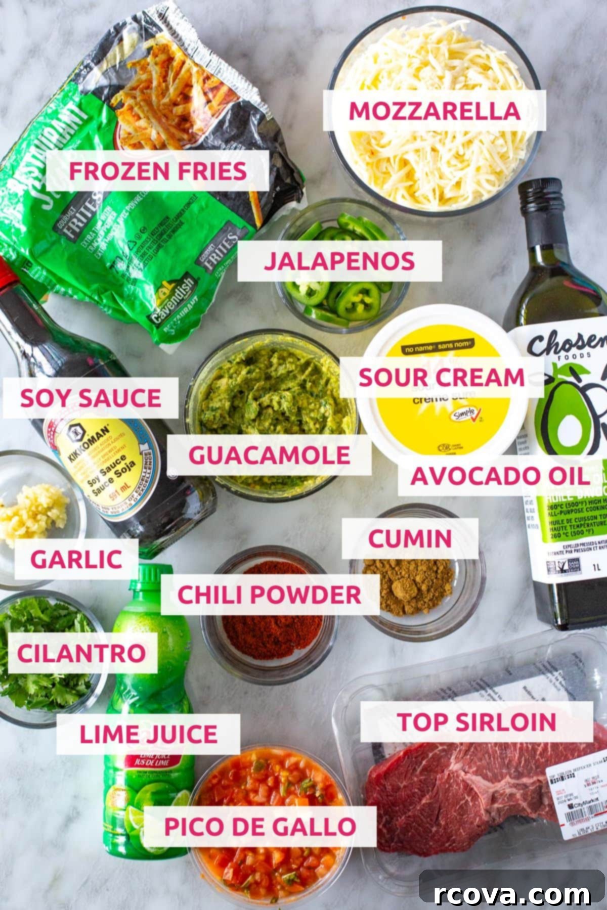 Ultimate Carne Asada Fries Recipe 4 Ingredients for homemade carne asada fries: frozen fries, mozzarella, jalapenos, soy sauce, guacamole, sour cream, avocado oil, garlic, chili powder, cumin, cilantro, lime juice, pico de gallo, top sirloin