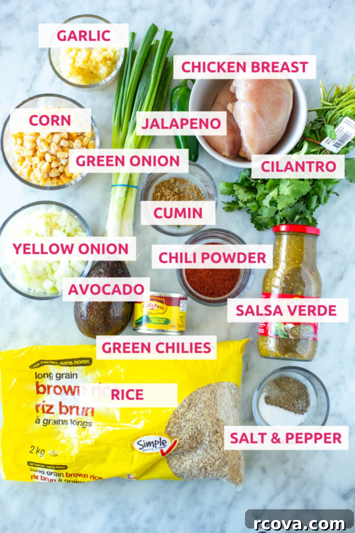 Effortless Instant Pot and Slow Cooker Salsa Verde Chicken 4 Ingredients for salsa verde chicken laid out: rice, chicken breasts, green onions, garlic, corn, jalapeno, cilantro, yellow onion, avocado, green chilies, chili powder, salsa verde, and salt and pepper.
