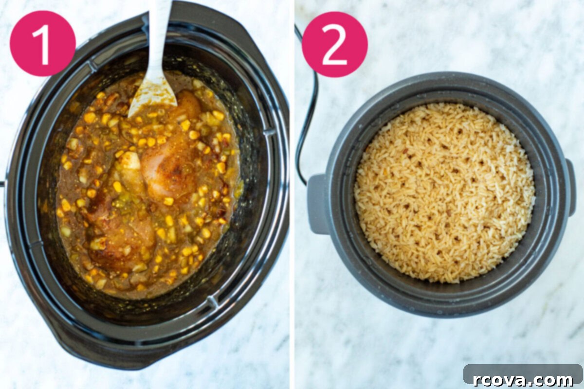 Effortless Instant Pot and Slow Cooker Salsa Verde Chicken 5 Visual steps 1 and 2 for making salsa verde chicken: adding all ingredients to the pot, and cooking rice separately.