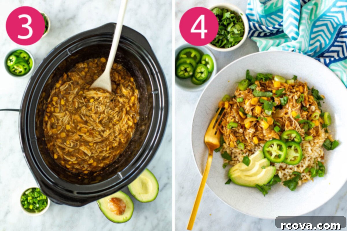 Effortless Instant Pot and Slow Cooker Salsa Verde Chicken 6 Visual steps 3 and 4 for making salsa verde chicken: shredding the cooked chicken and serving it over rice.