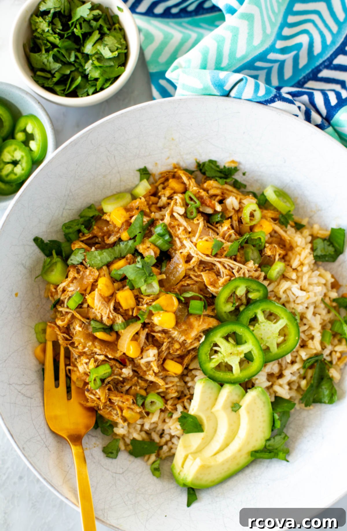 Effortless Instant Pot and Slow Cooker Salsa Verde Chicken 7 A close-up of a bowl of salsa verde chicken served on top of rice with fresh garnishes.