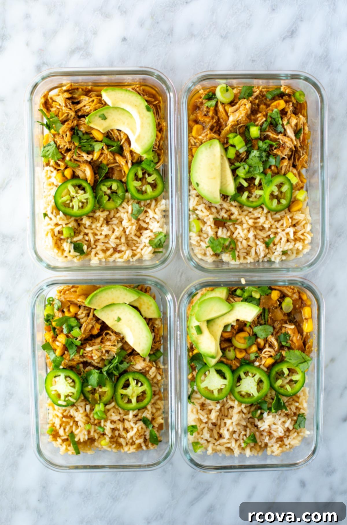Effortless Instant Pot and Slow Cooker Salsa Verde Chicken 9 Multiple glass meal prep containers, each perfectly portioned with salsa verde chicken and rice.