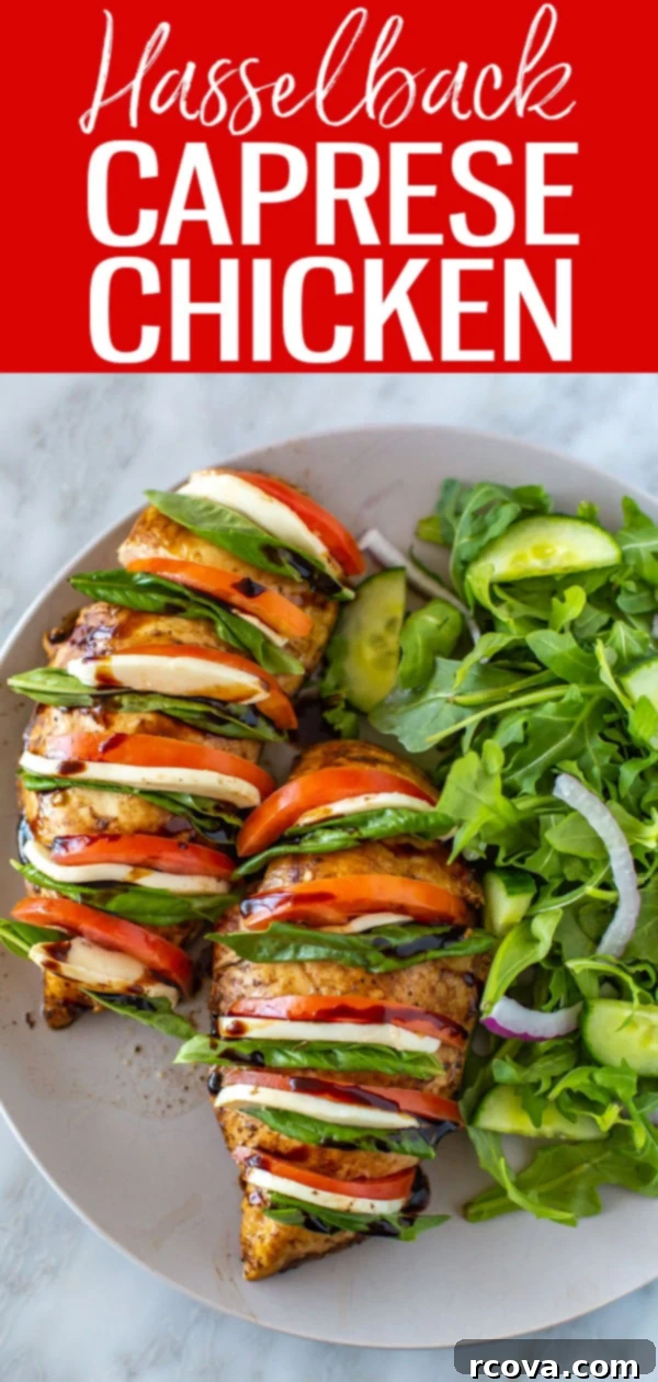 Caprese Hasselback Chicken Bake 10 This Hasselback Baked Caprese Chicken is like summer on a plate, made with mozzarella cheese, sliced plum tomatoes and fresh basil. #hasselbackchicken #capresechicken