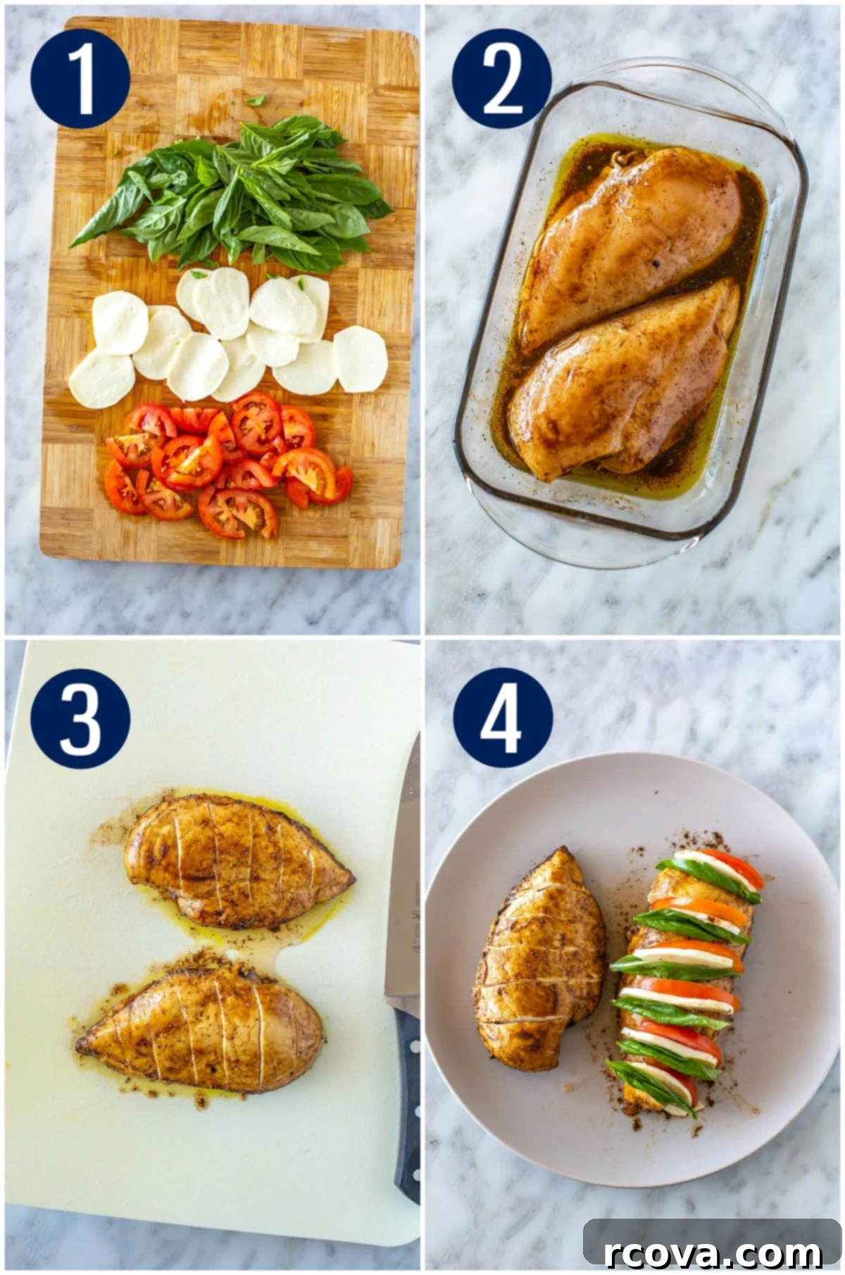 Caprese Hasselback Chicken Bake 5 Step-by-step guide showing the preparation of Hasselback Caprese Chicken: slicing tomatoes, mozzarella, and basil; marinating chicken breasts; making slits in baked chicken; and finally stuffing the chicken with the Caprese ingredients.