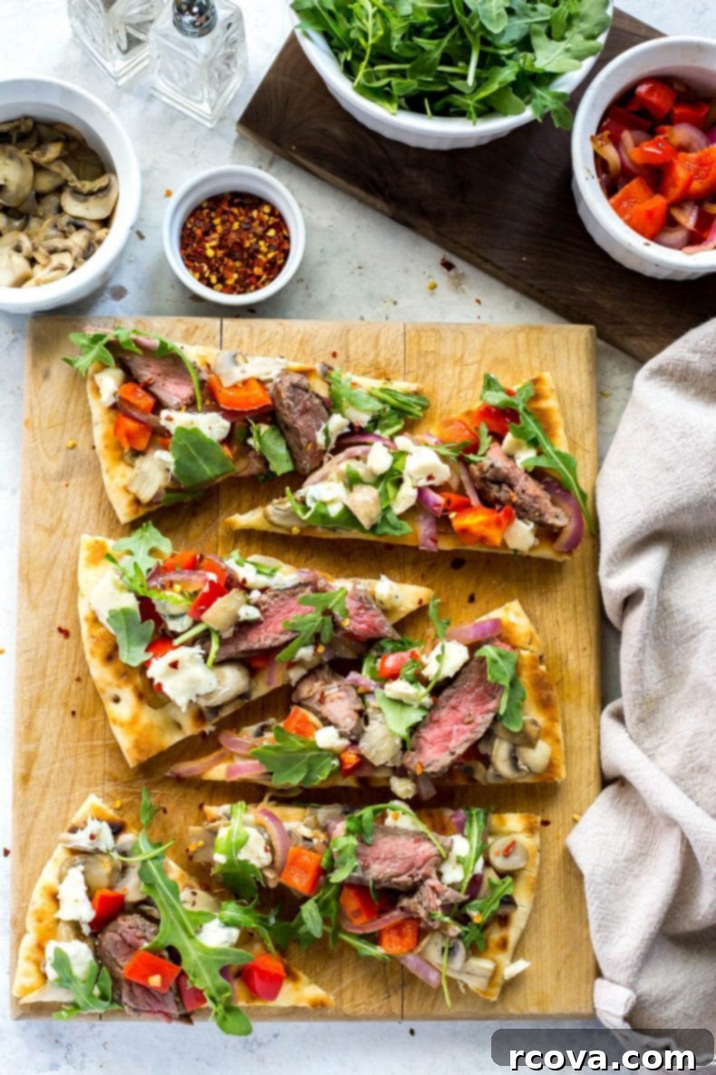 Gourmet Grilled Steak Gorgonzola Flatbread 2 Easy Grilled Steak Gorgonzola Flatbread with fresh arugula and vegetables