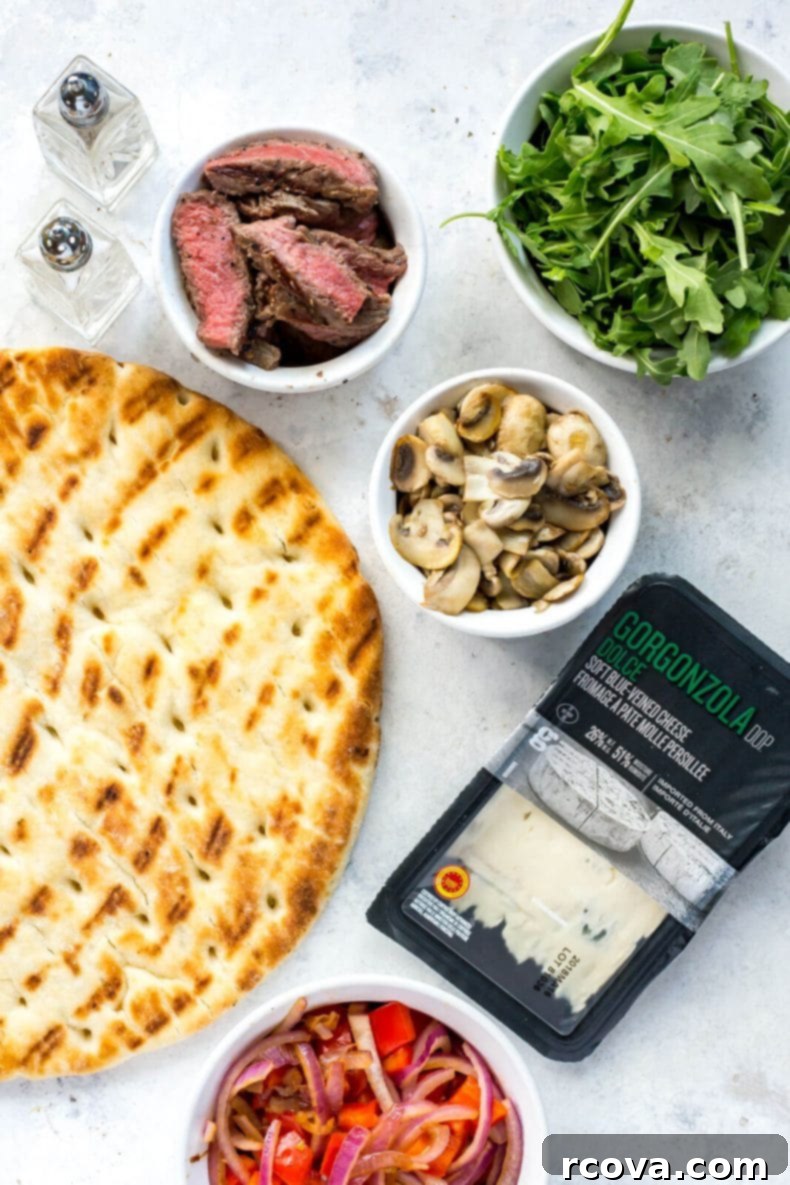 Gourmet Grilled Steak Gorgonzola Flatbread 4 Assembling Easy Steak Gorgonzola Flatbread with toppings