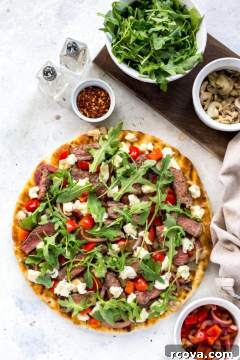 Gourmet Grilled Steak Gorgonzola Flatbread 5 Close-up of Easy Steak Gorgonzola Flatbread with crispy crust and toppings