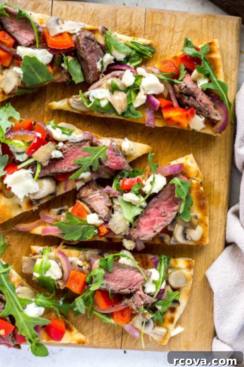 Gourmet Grilled Steak Gorgonzola Flatbread 6 Slice of Easy Steak Gorgonzola Flatbread, ready to eat