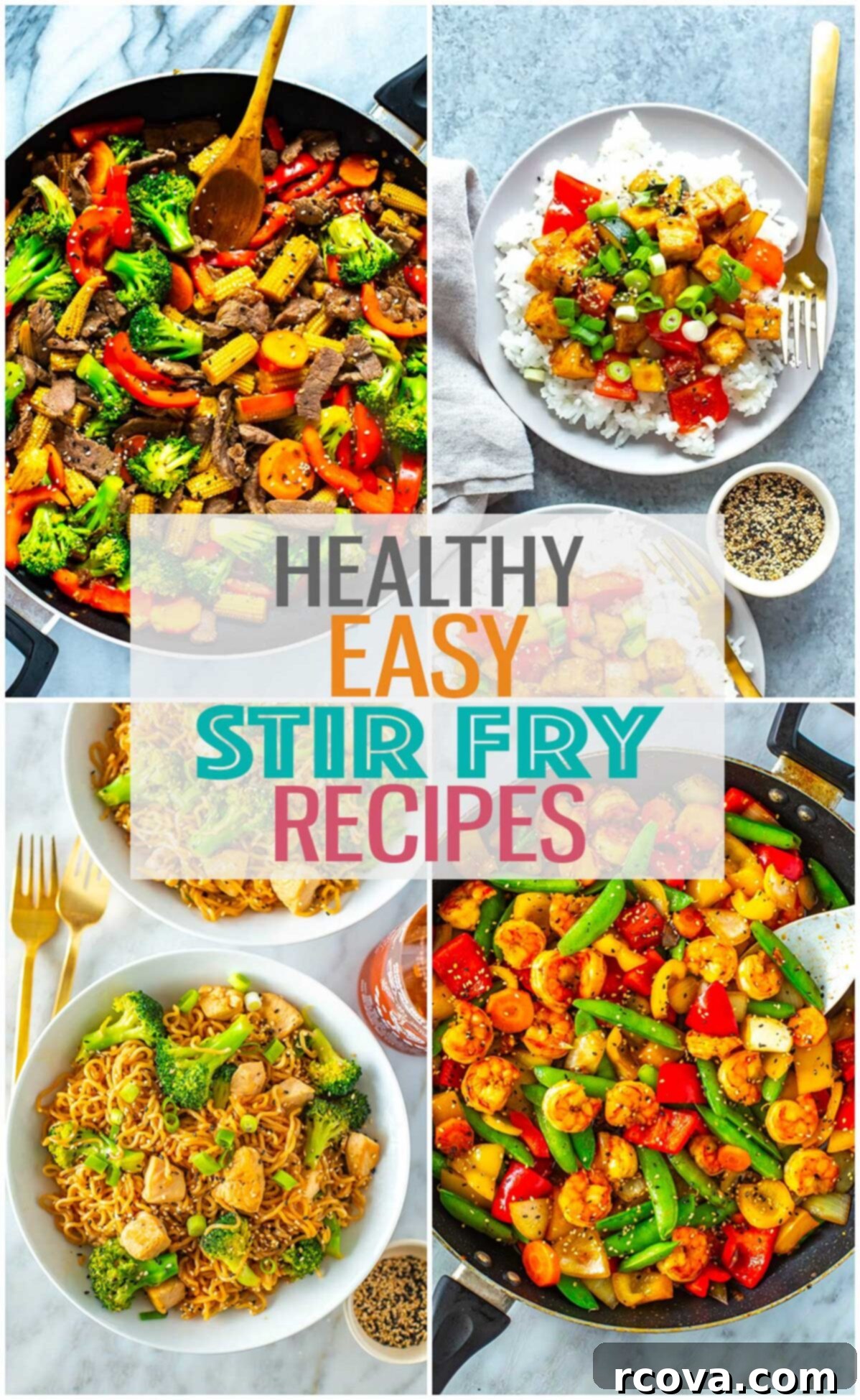 Quick & Wholesome Wok Wonders 2 A collage of vibrant, healthy stir fry dishes with text overlay "Healthy Easy Stir Fry Recipes".