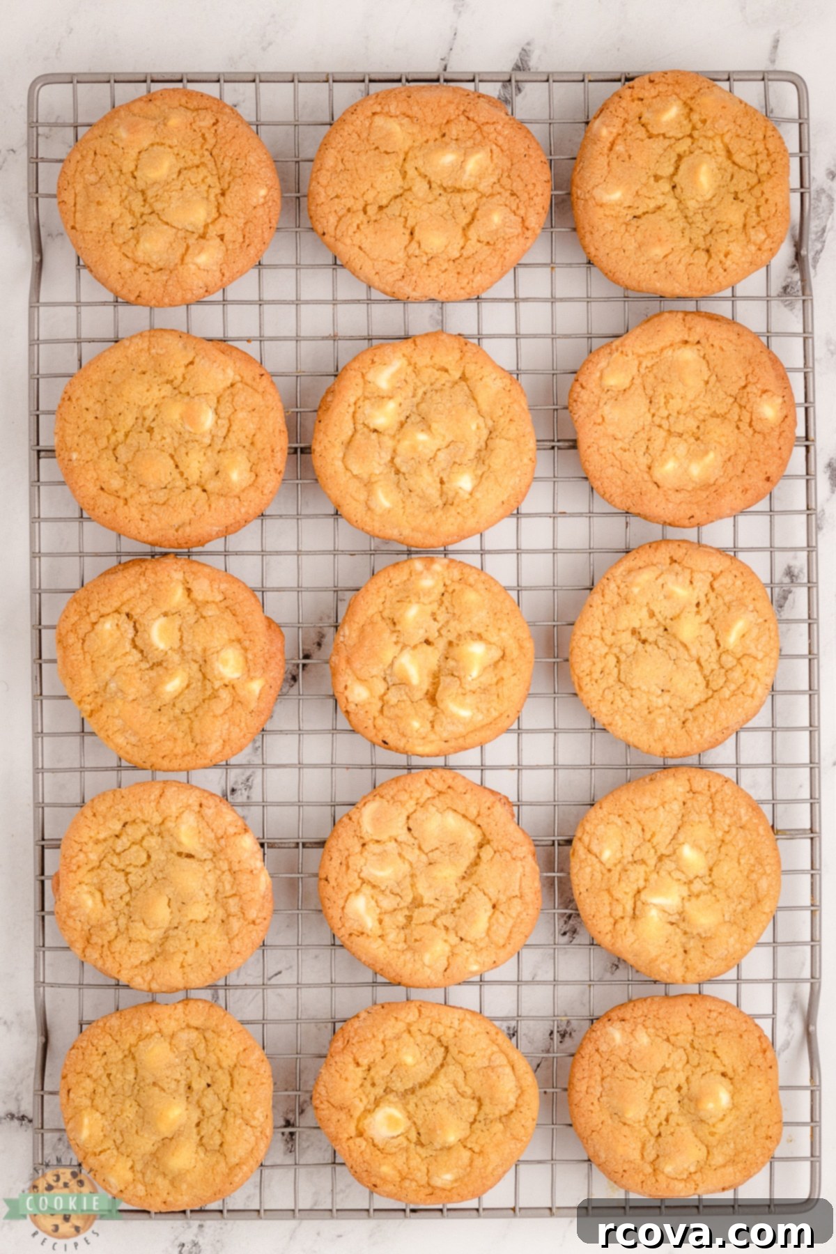 The Definitive Mrs. Fields White Chocolate Chip Cookie Recipe 8 cooling rack with white chocolate chip cookies