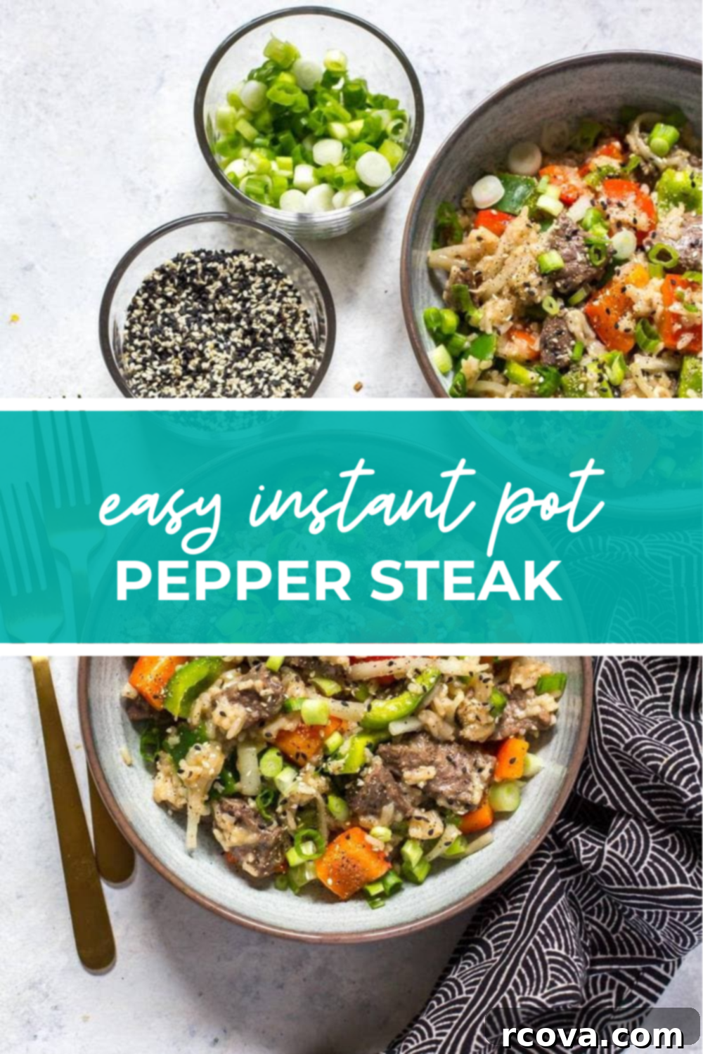 Quick and Tender Instant Pot Pepper Steak 9 Overhead shot of plated Instant Pot Pepper Steak dish with a green banner in the middle - reading "easy intant pot pepper steak" overlayed