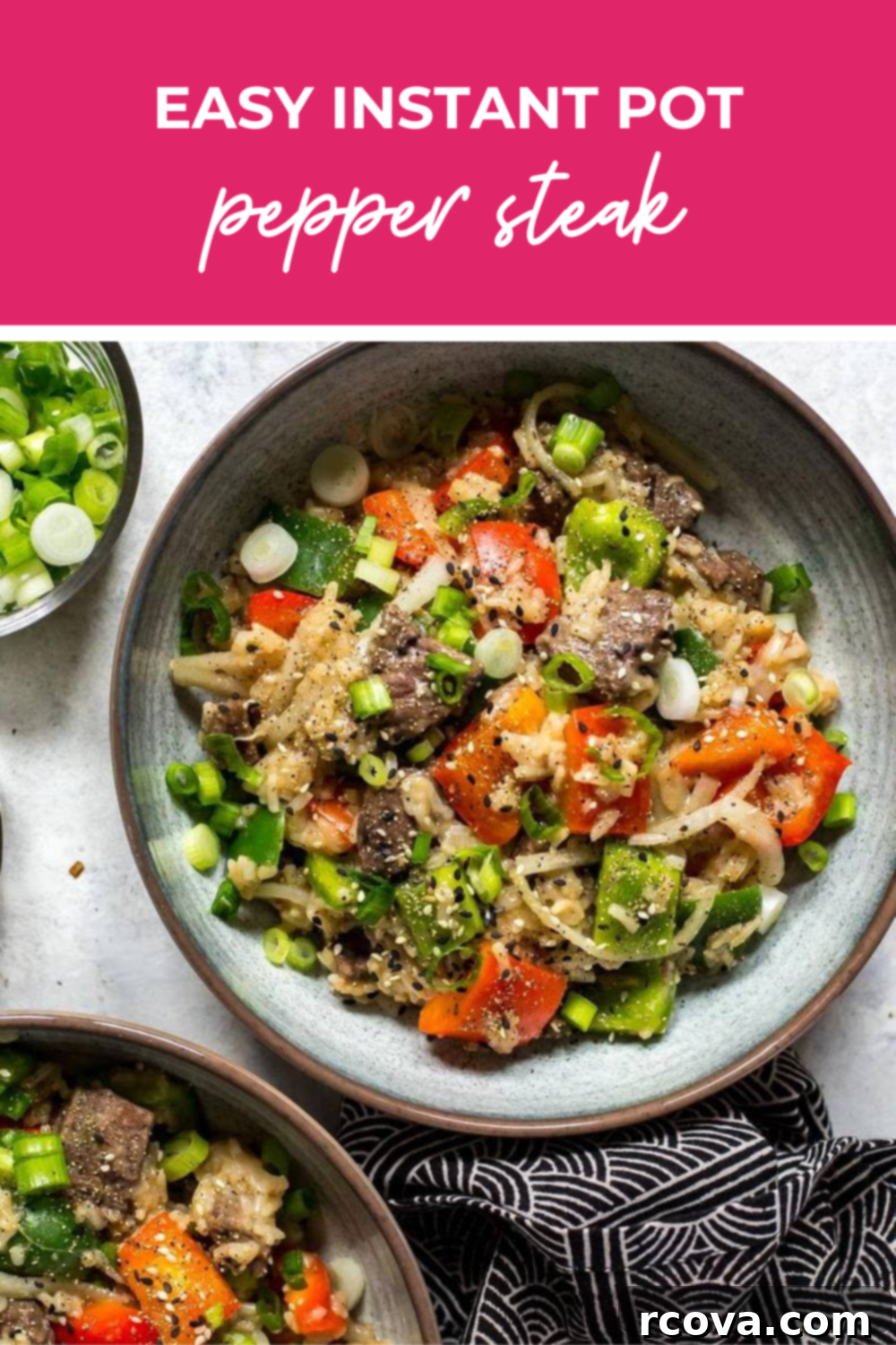 Quick and Tender Instant Pot Pepper Steak 10 Overhead shot of plated Instant Pot Pepper Steak dish with a pink banner on the top - reading "easy intant pot pepper steak" overlayed