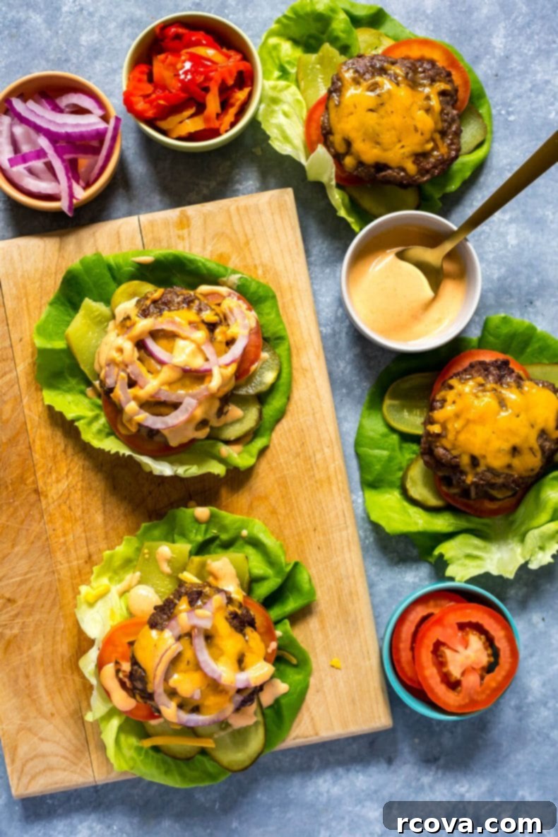 Bunless Burger Lettuce Wraps 2 Low Carb Burger Lettuce Wraps with Special Sauce - a delicious and healthy bunless burger recipe