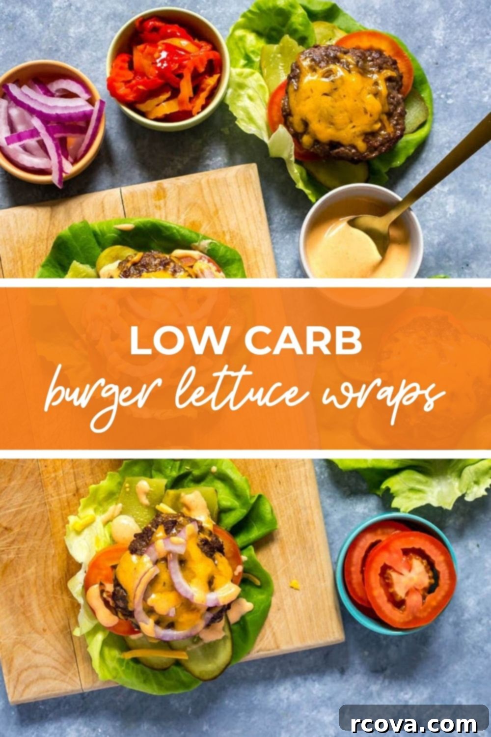 Bunless Burger Lettuce Wraps 11 Low carb lettuce burger being assembled, with text that says 'Low Carb Burger Lettuce Wraps'