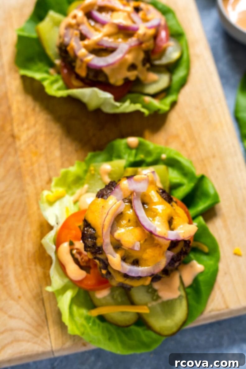Bunless Burger Lettuce Wraps 4 Stacked Low Carb Burger Lettuce Wraps with Special Sauce ready to eat