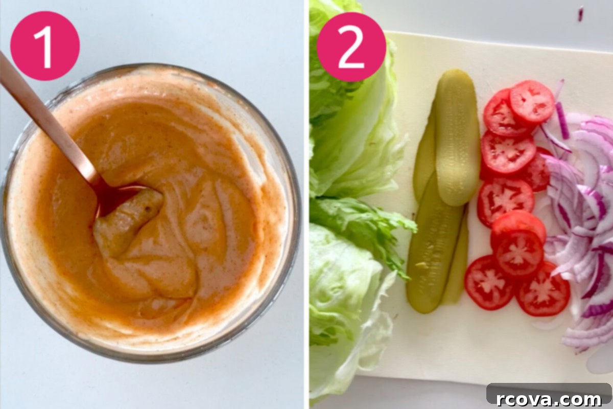 Bunless Burger Lettuce Wraps 5 Steps 1 and 2 for making burger lettuce wraps: Make the special sauce and prep your veggies.