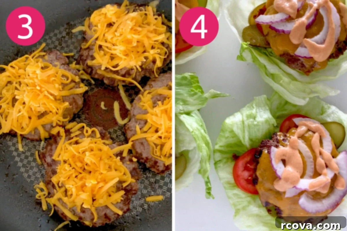 Bunless Burger Lettuce Wraps 6 Steps 3 and 4 for making burger lettuce wraps: Form and cook your patties then assemble wraps.