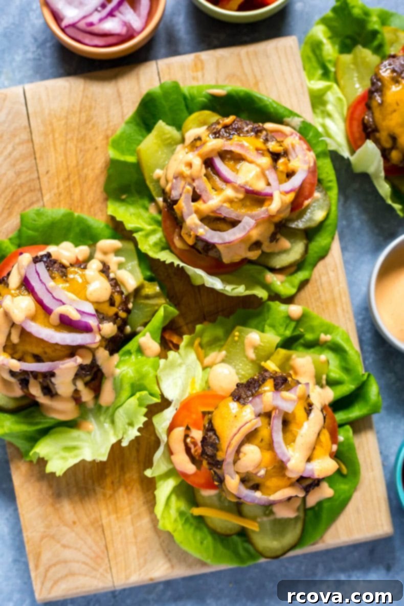Bunless Burger Lettuce Wraps 7 Close-up of a Low Carb Burger Lettuce Wrap with melted cheese and special sauce