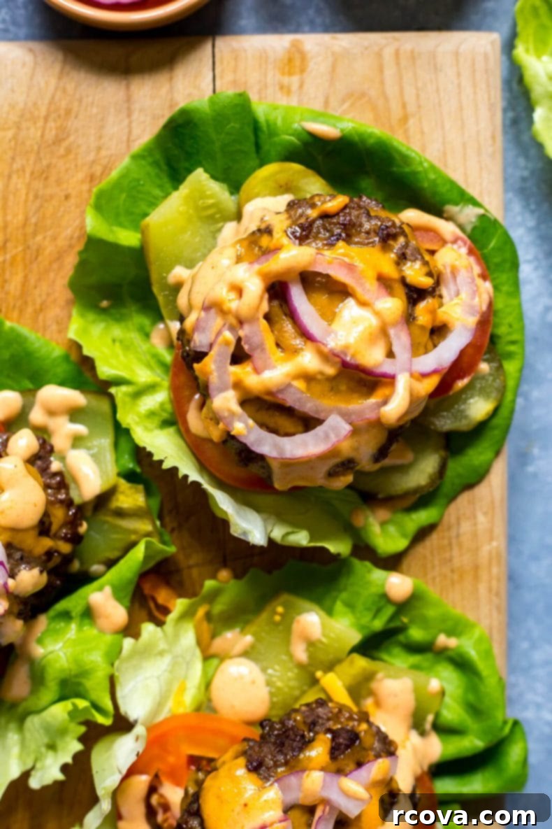 Bunless Burger Lettuce Wraps 9 Low Carb Burger Lettuce Wraps beautifully arranged on a serving plate