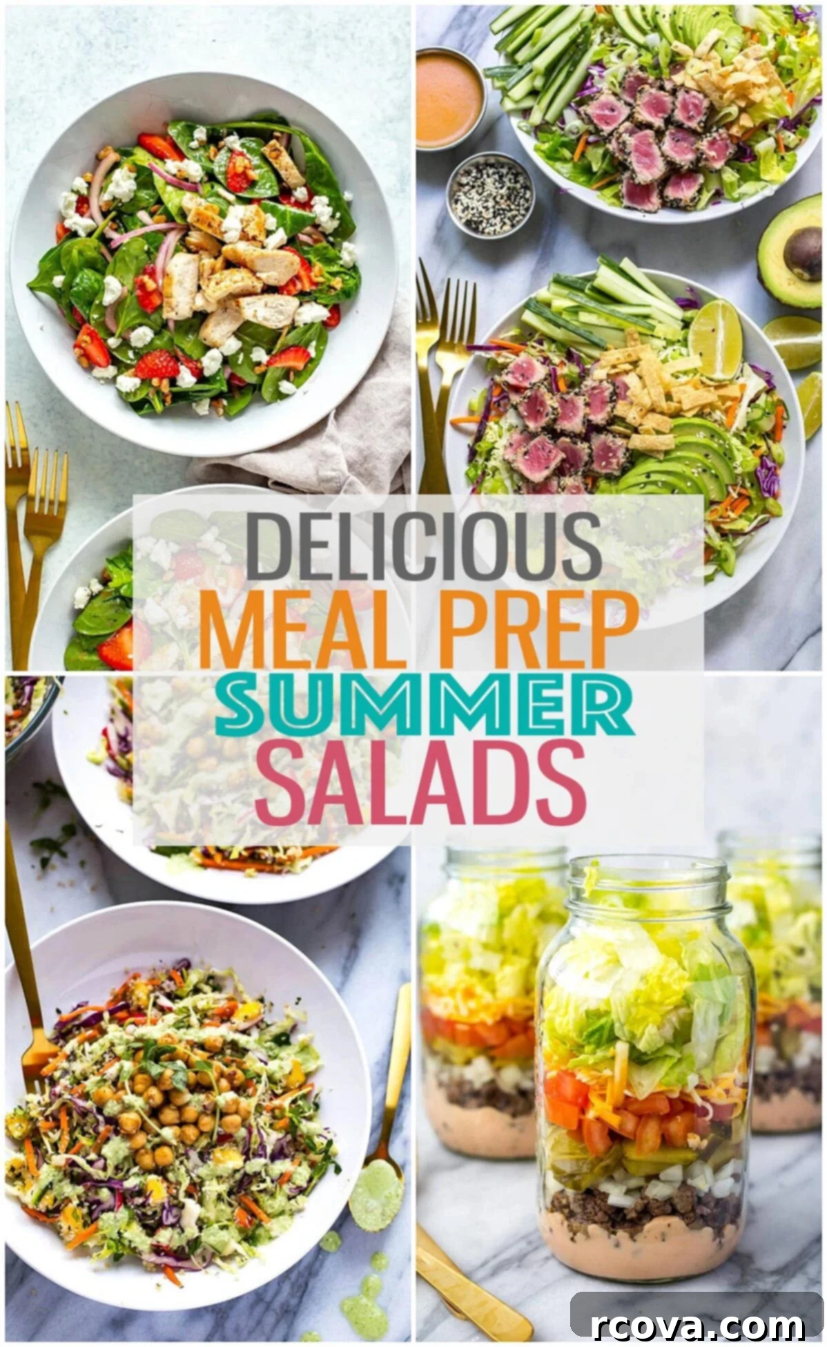 30+ Flavor-Packed Meal Prep Salads You'll Crave 2 A collage of four different salads with the text "Delicious Meal Prep Summer Salads" layered over top.