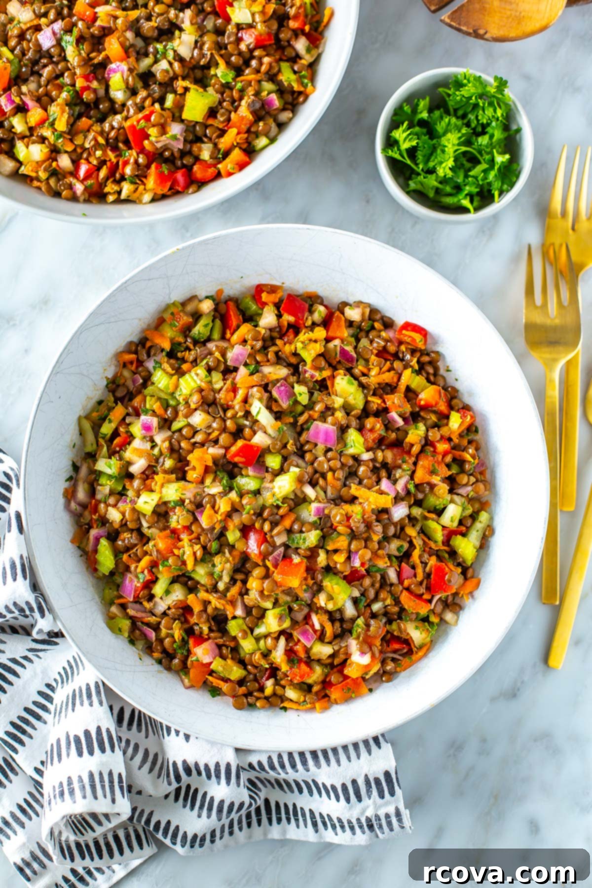 30+ Flavor-Packed Meal Prep Salads You'll Crave 26 A bowl of vibrant lentil salad with a linen napkin underneath.