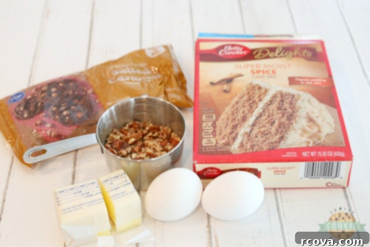 Easy Caramel Spice Cake Mix Cookies 3 Ingredients for making spice cake mix cookies, including cake mix, eggs, butter, caramel chips, and pecans