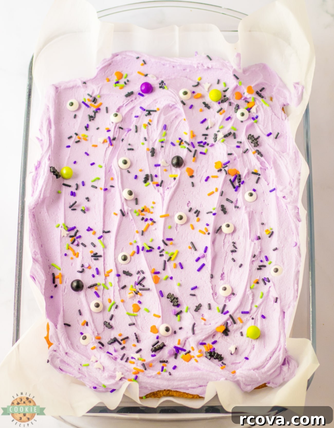 Festive Halloween Sugar Cookie Bars 6 pan of frosted Halloween Sugar Cookie bars with purple buttercream