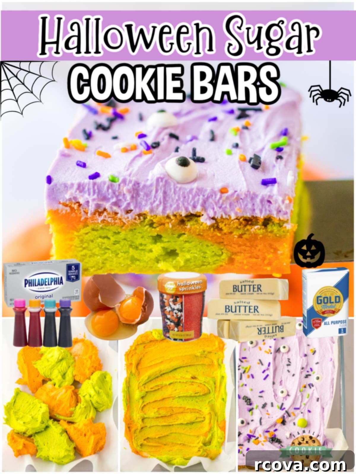 Festive Halloween Sugar Cookie Bars 9 Halloween Sugar Cookie Bars are chewy, marbled cookie bars topped with purple buttercream frosting & spooky sprinkles! A festive treat perfect for Halloween get togethers!