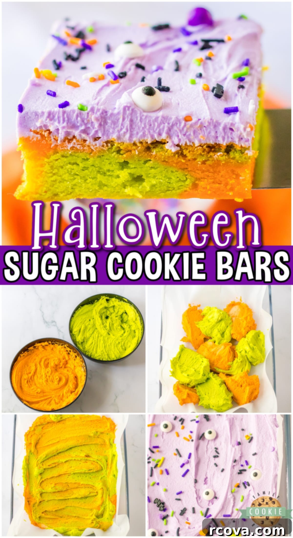 Festive Halloween Sugar Cookie Bars 10 Halloween Sugar Cookie Bars are chewy, marbled cookie bars topped with purple buttercream frosting & spooky sprinkles! A festive treat perfect for Halloween parties!