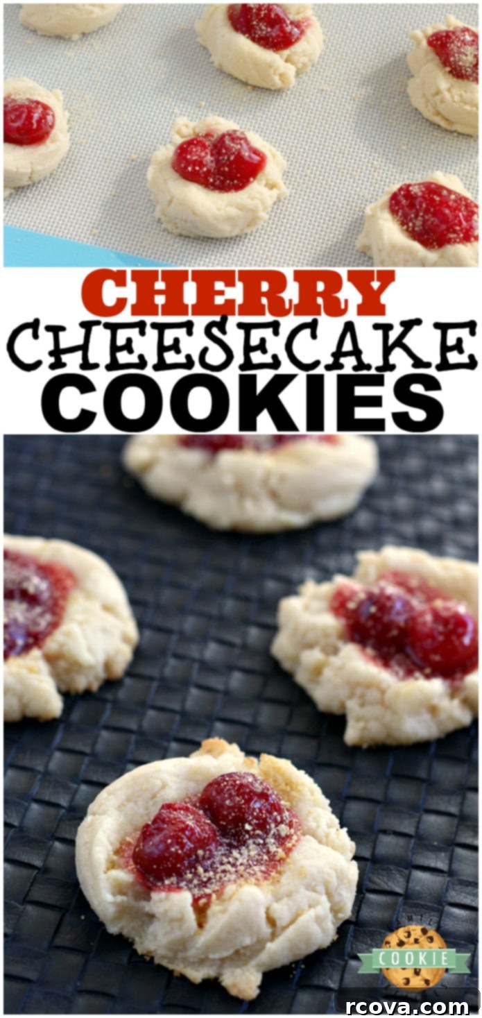 Cherry Cheesecake Delights 6 A large serving plate filled with Cherry Cheesecake Cookies, garnished with fresh cherries, ready for dessert.