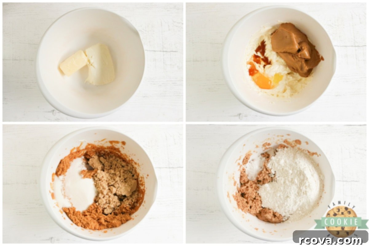 Decadent Peanut Butter Cream Cheese Cookies 6 Mixing ingredients together for cream cheese peanut butter cookies.