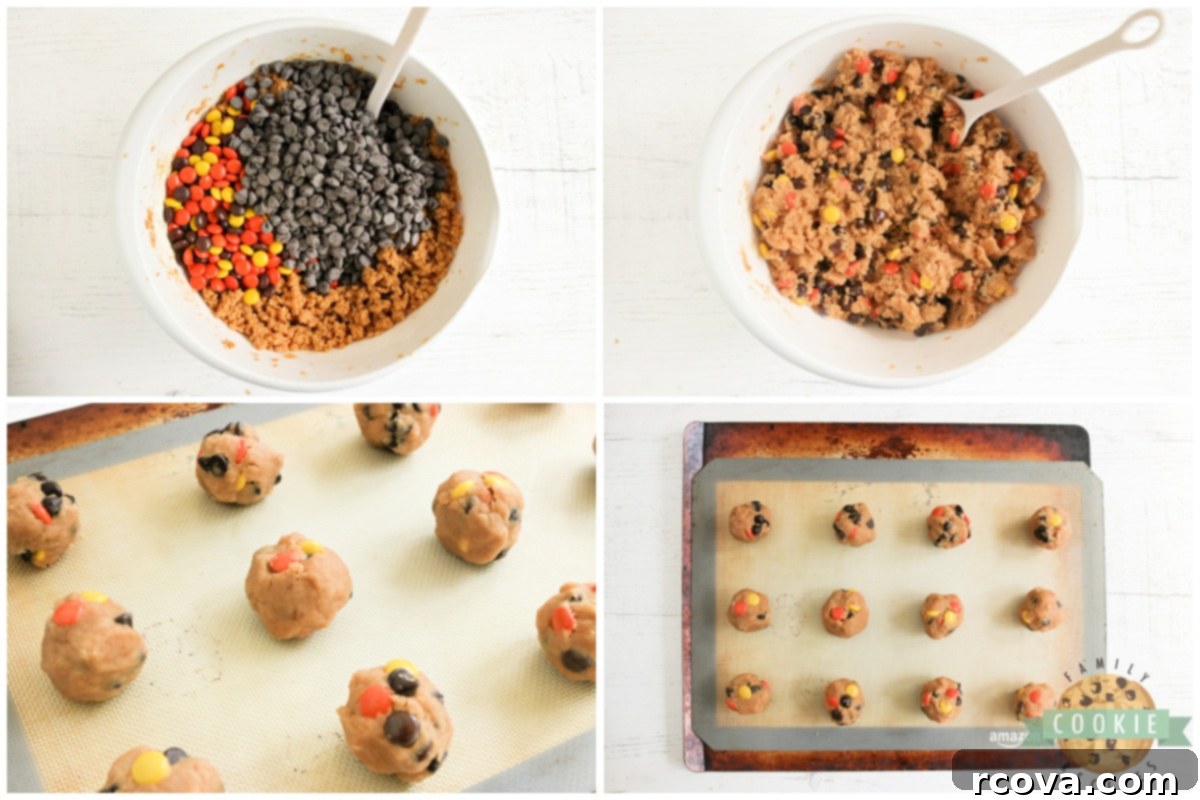 Decadent Peanut Butter Cream Cheese Cookies 7 Adding Reese's pieces and chocolate chips to peanut butter cookies