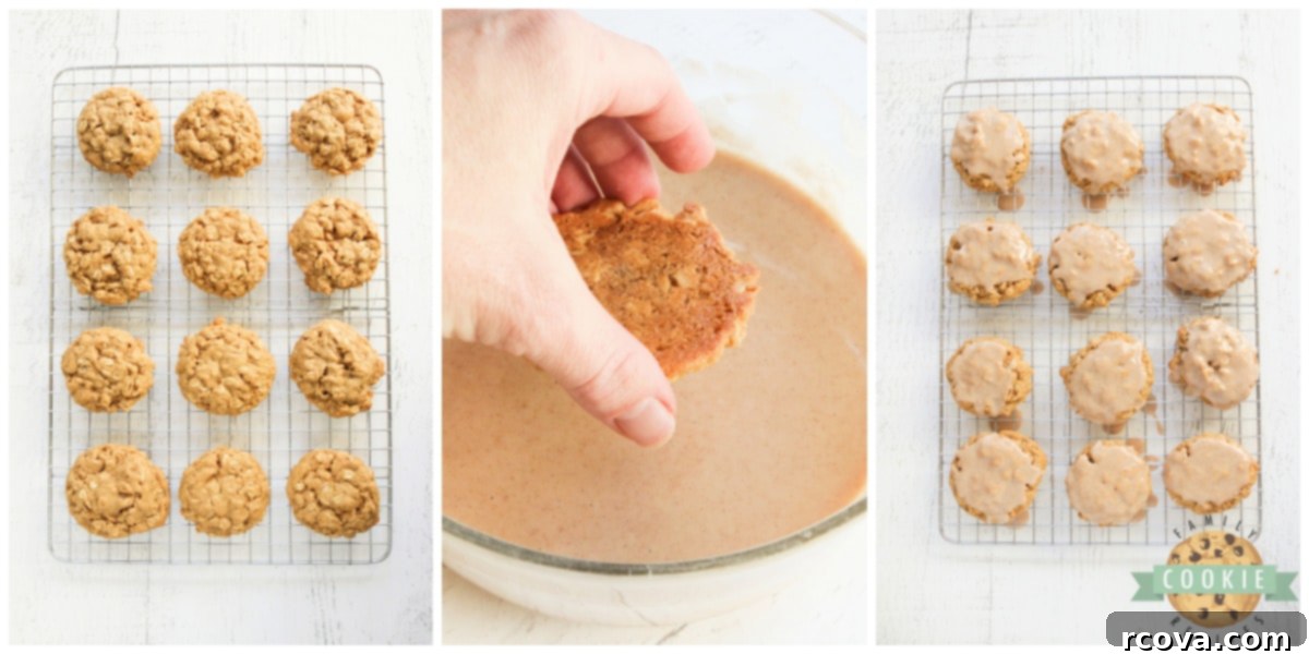 Sweet Glazed Pumpkin Oat Delights 11 A close-up shot of a hand dipping the top of a cooled pumpkin oatmeal cookie into a bowl of cinnamon sugar glaze.