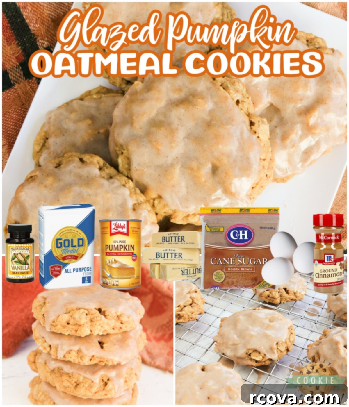 Sweet Glazed Pumpkin Oat Delights 12 A collage featuring various close-up shots of Glazed Pumpkin Oatmeal Cookies, highlighting their soft texture, pumpkin goodness, and cinnamon sugar icing.