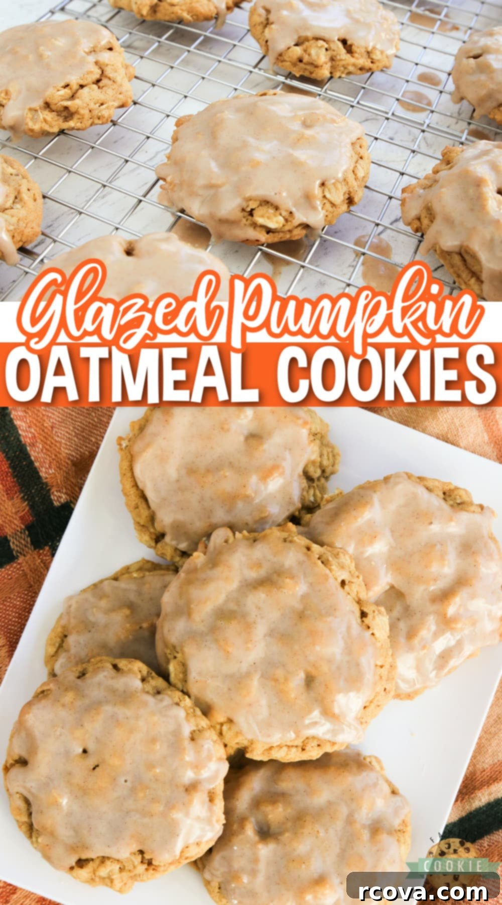 Sweet Glazed Pumpkin Oat Delights 16 A vibrant display of Glazed Pumpkin Oatmeal Cookies, perfectly soft and chewy, with a generous coating of cinnamon sugar icing, capturing the essence of fall.