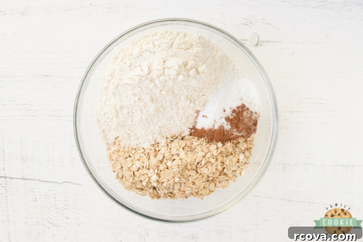 Sweet Glazed Pumpkin Oat Delights 7 Dry ingredients for pumpkin oatmeal cookies, including flour, baking powder, baking soda, cinnamon, nutmeg, and salt, combined in a large mixing bowl.