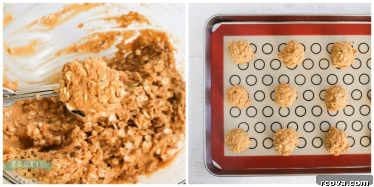 Sweet Glazed Pumpkin Oat Delights 10 A hand using a cookie scoop to portion out pumpkin oatmeal cookie dough onto a prepared baking sheet, ensuring consistent cookie sizes.