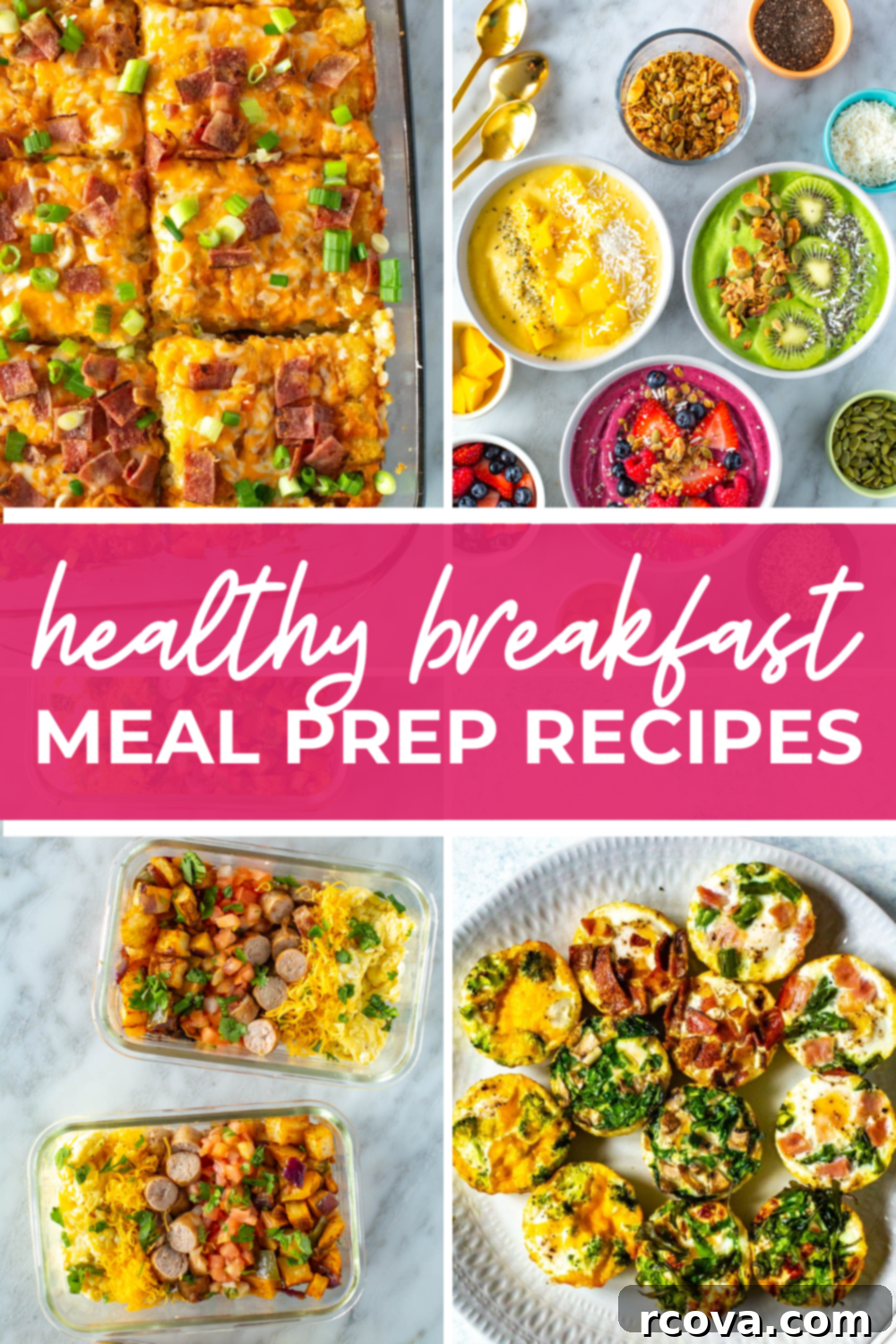 Fuel Your Mornings: Healthy Breakfast Prep 2 Overhead shot of plated dishes with orange banner in the middle - reading "healthy breakfast meal prep recipes"