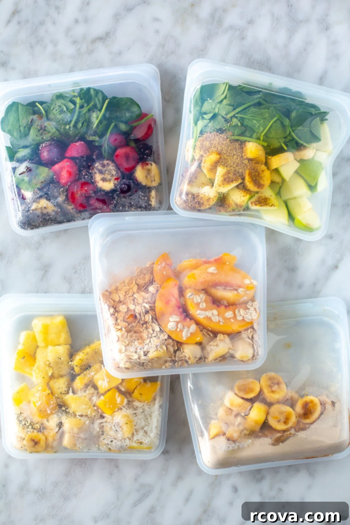 Fuel Your Mornings: Healthy Breakfast Prep 40 Five different meal prep smoothie packs in freezer bags.
