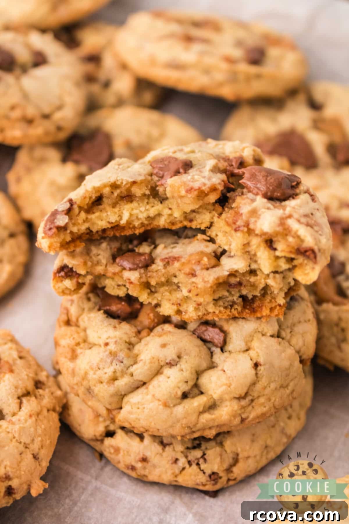 Homemade Heath Bar Crunch Cookies 12 A stack of golden Heath Bar Cookies, showing their inviting texture.