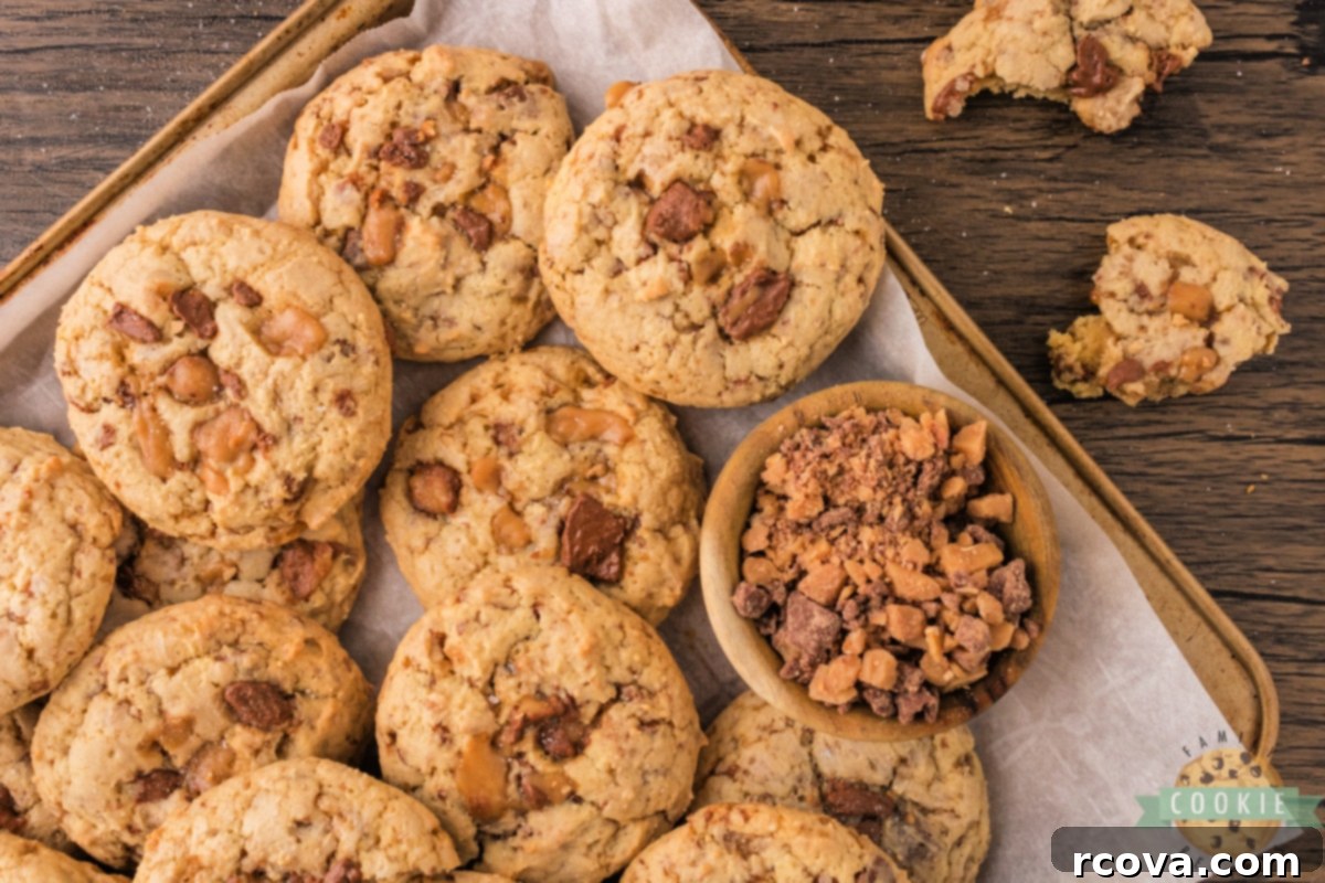 Homemade Heath Bar Crunch Cookies 16 Another enticing shot of Heath Bar Cookies, emphasizing their soft texture and crunchy toffee bits. Simple, delicious, and a family favorite!