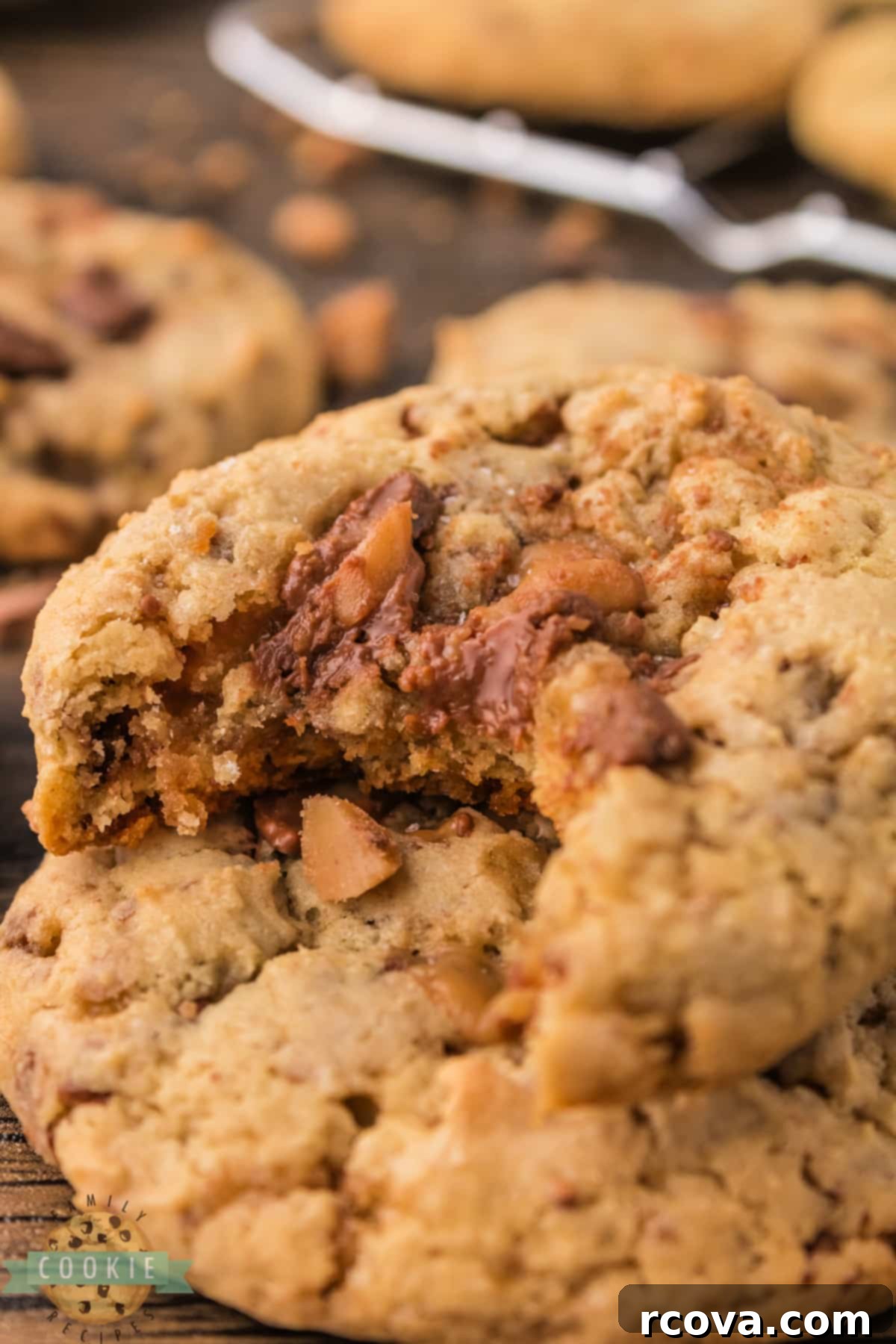 Homemade Heath Bar Crunch Cookies 3 Close-up of baked cookies featuring visible toffee bits.