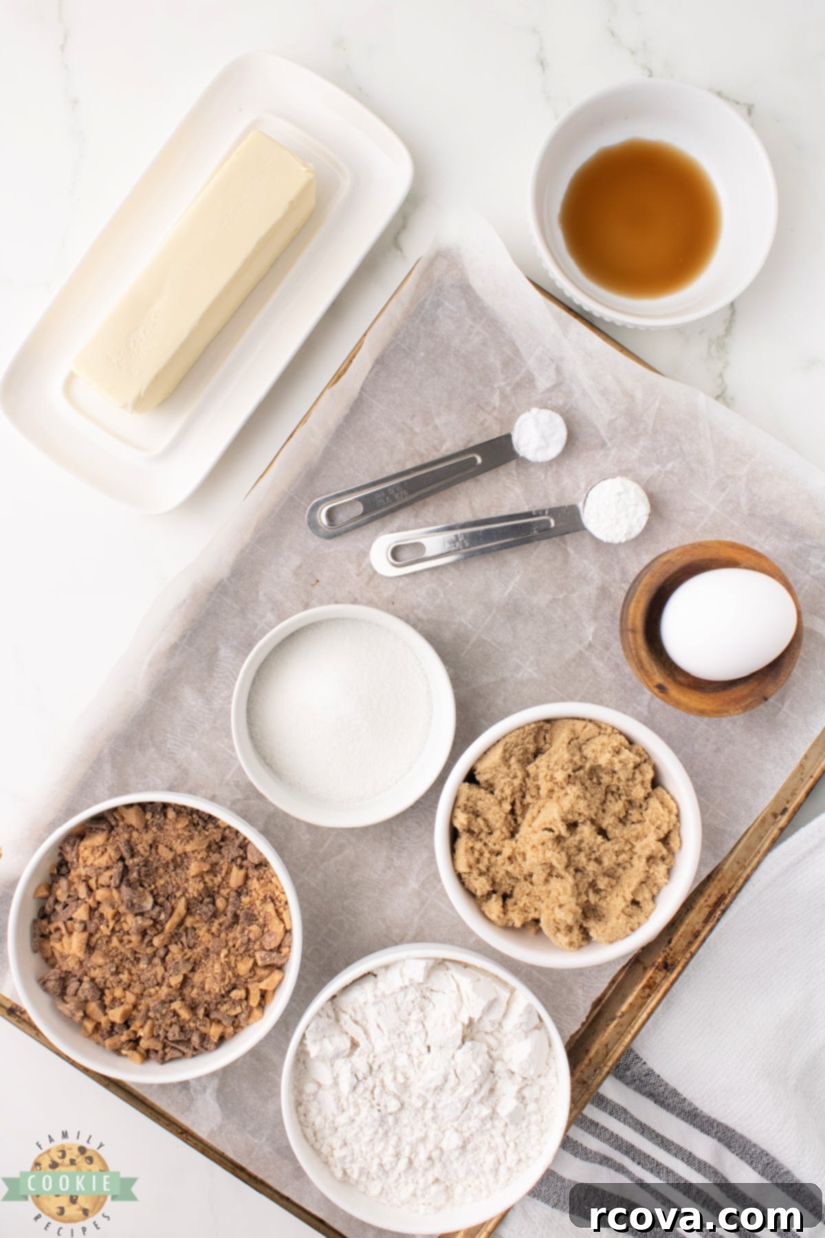 Homemade Heath Bar Crunch Cookies 4 All the essential ingredients for making Heath Bar Cookies laid out.