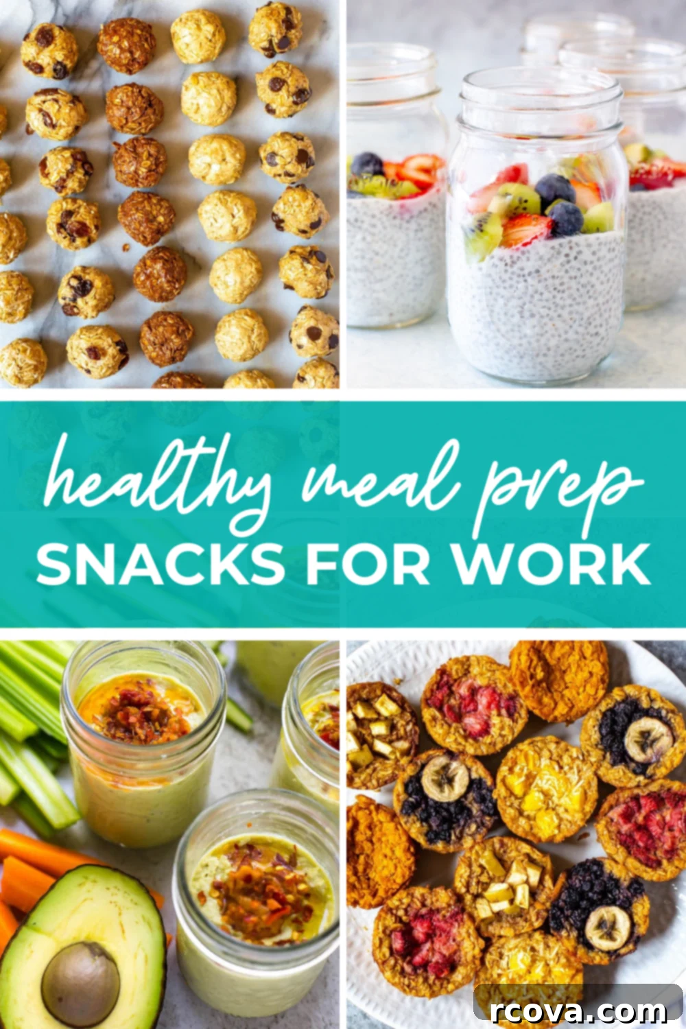 25+ Healthy Grab and Go Work Snacks 2 A collage of various healthy snacks for work with the text "Healthy Meal Prep Snacks for Work" layered over top, showing a variety of fruits, nuts, dips, and prepared items.