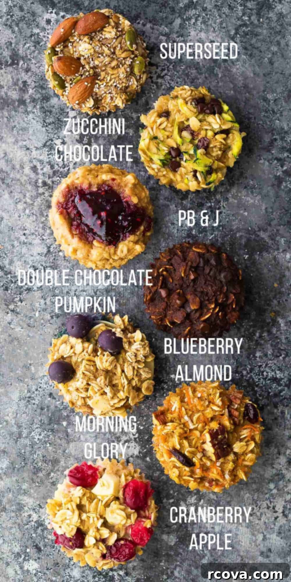 25+ Healthy Grab and Go Work Snacks 22 Baked Oatmeal Cups (+7 Flavors) via Sweet Peas and Saffron, in a muffin tin.
