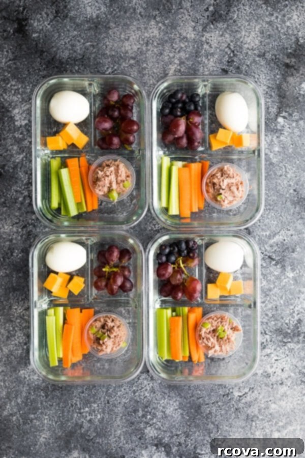 25+ Healthy Grab and Go Work Snacks 27 Tuna Protein Box (Low Carb) via Sweet Peas and Saffron, with crackers and cheese.
