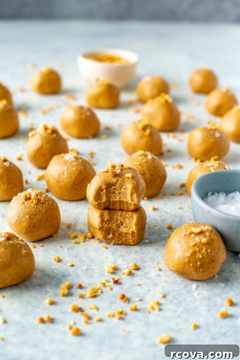 25+ Healthy Grab and Go Work Snacks 5 Peanut Butter Protein Balls in a small bowl.