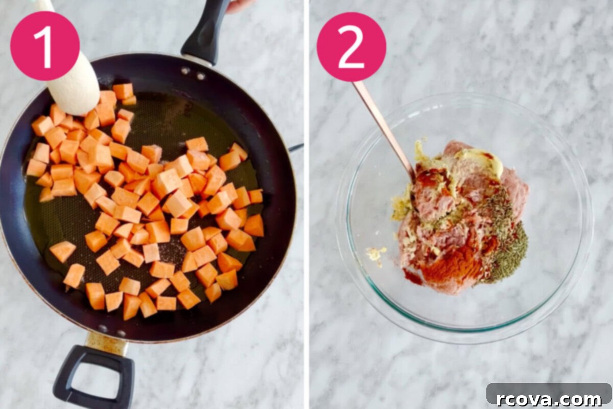 Effortless Sweet Potato Hash 5 Steps 1 and 2 for making sweet potato hash: saute the sweet potatoes and make the sausage.