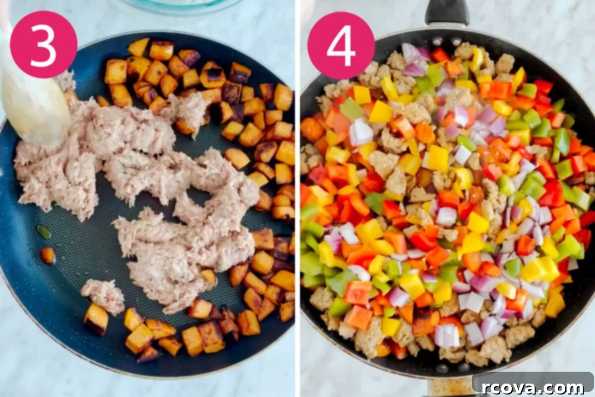 Effortless Sweet Potato Hash 6 Steps 3 and 4 for making sweet potato hash: brown sausage then saute veggies.