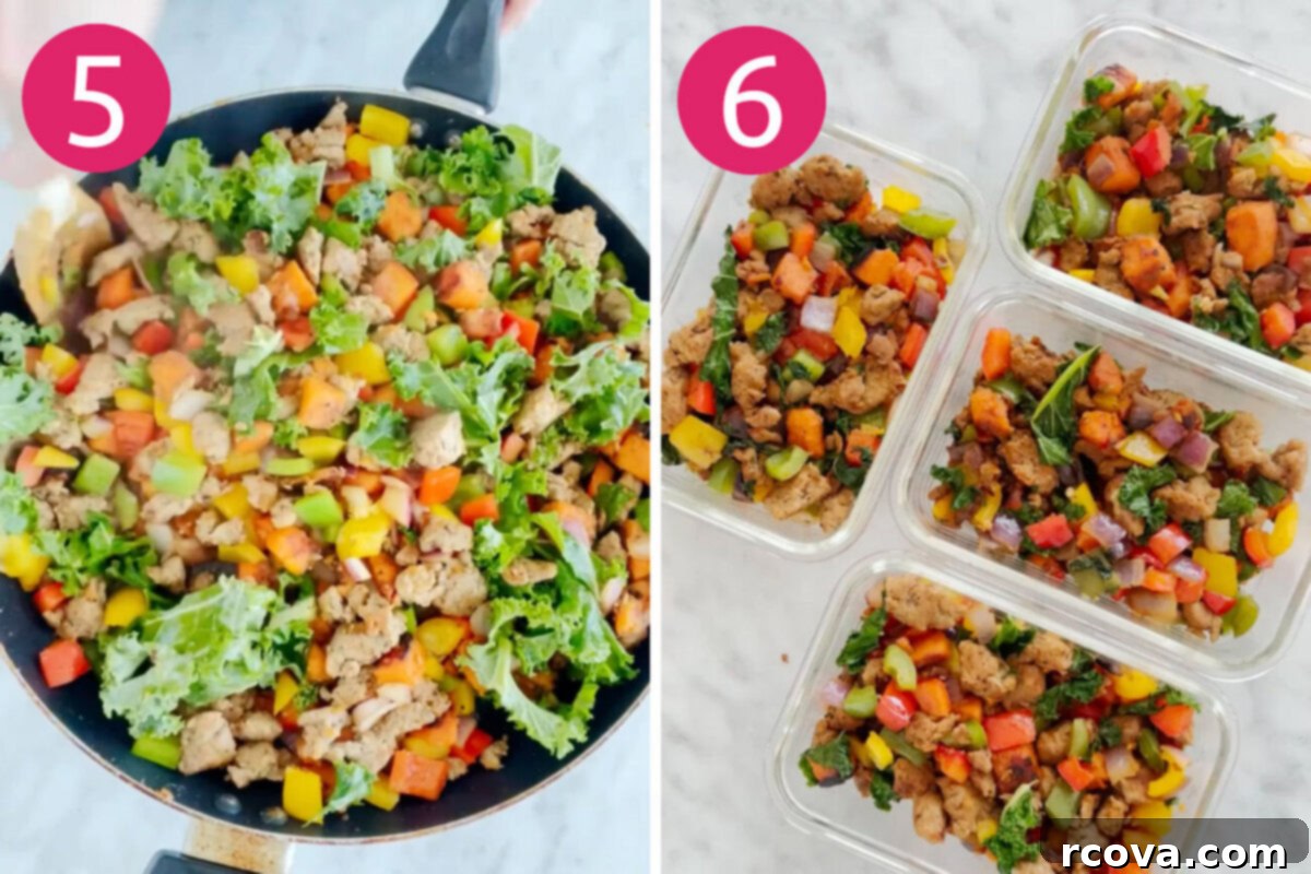 Effortless Sweet Potato Hash 7 Steps 5 and 6 for making sweet potato hash: Stir in kale then serve and enjoy!